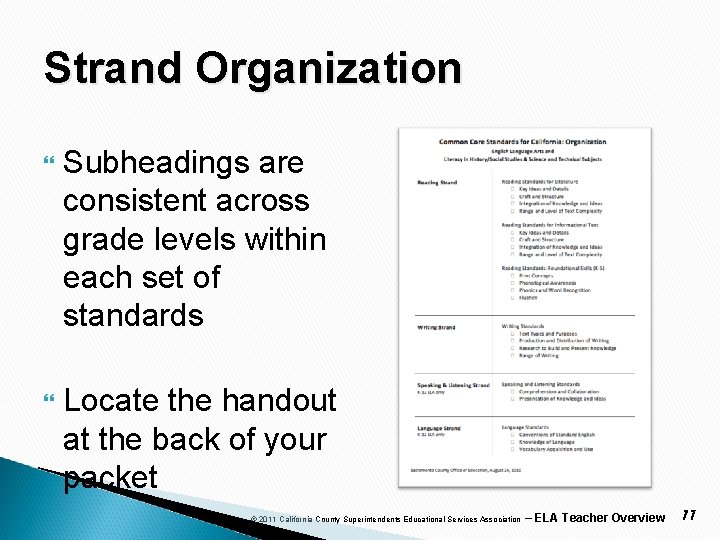 Strand Organization Subheadings are consistent across grade levels within each set of standards Locate