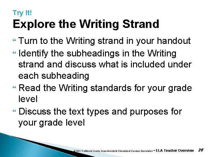 Try It! Explore the Writing Strand Turn to the Writing strand in your handout