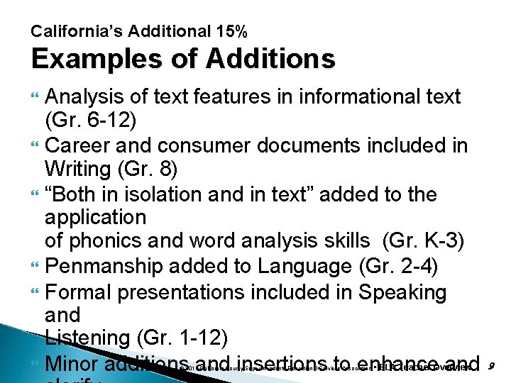 California’s Additional 15% Examples of Additions Analysis of text features in informational text (Gr.