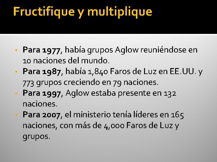 Fructifique y multiplique Para 1977, había grupos Aglow reuniéndose en 10 naciones del mundo.