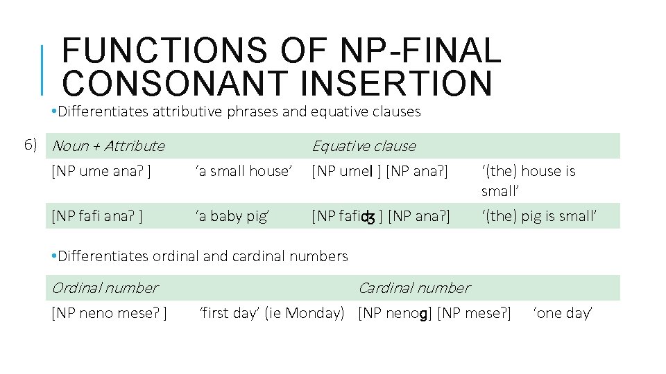 FUNCTIONS OF NP-FINAL CONSONANT INSERTION • Differentiates attributive phrases and equative clauses 6) Noun