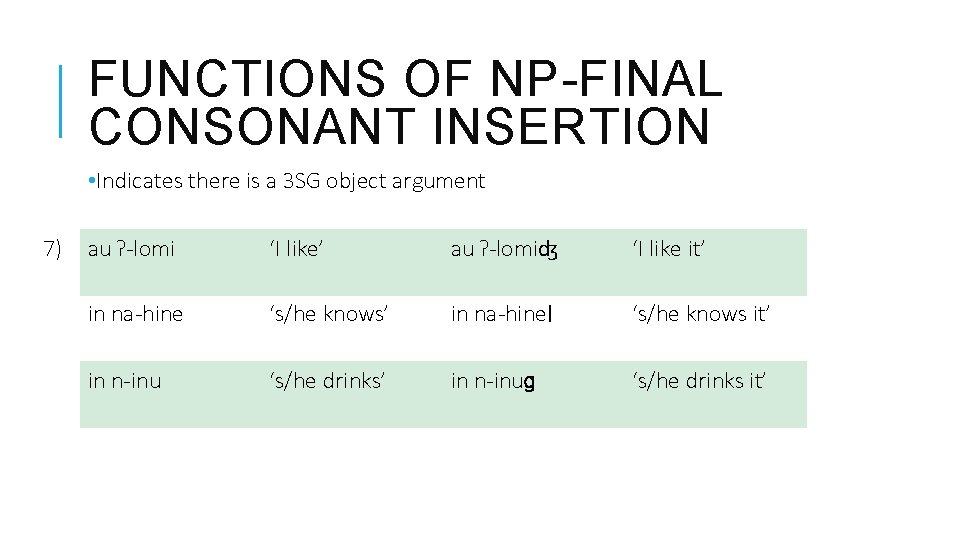 FUNCTIONS OF NP-FINAL CONSONANT INSERTION • Indicates there is a 3 SG object argument