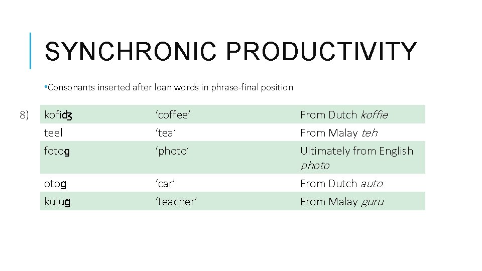 SYNCHRONIC PRODUCTIVITY • Consonants inserted after loan words in phrase-final position 8) kofiʤ teel