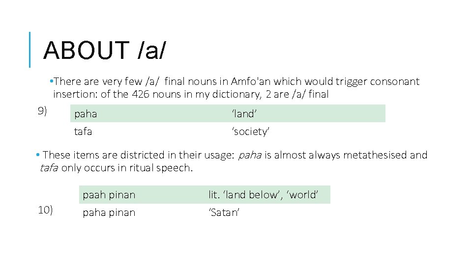 ABOUT /a/ • There are very few /a/ final nouns in Amfo'an which would