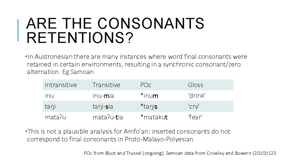 ARE THE CONSONANTS RETENTIONS? • In Austronesian there are many instances where word final