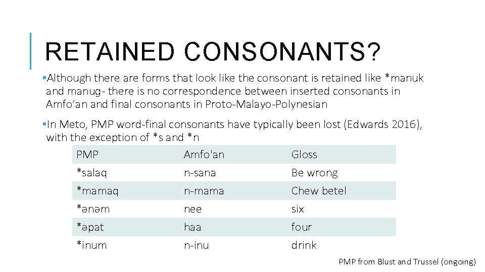 RETAINED CONSONANTS? • Although there are forms that look like the consonant is retained