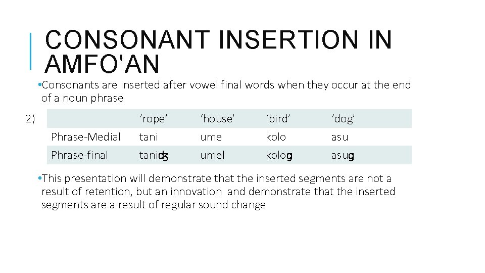 CONSONANT INSERTION IN AMFO'AN • Consonants are inserted after vowel final words when they