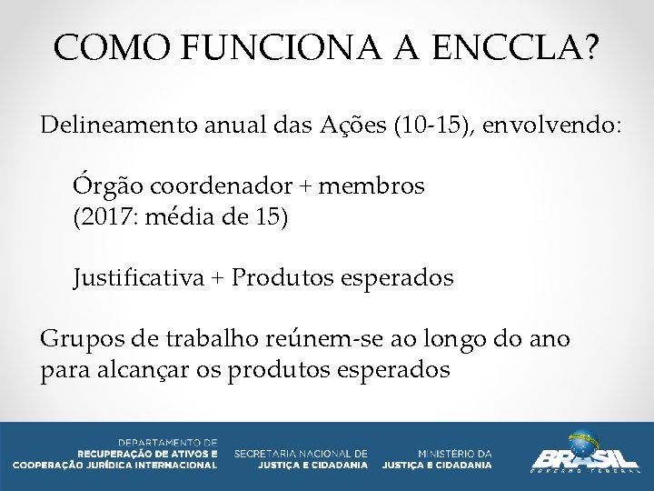 COMO FUNCIONA A ENCCLA? Delineamento anual das Ações (10 -15), envolvendo: Órgão coordenador +