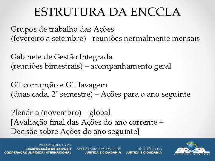 ESTRUTURA DA ENCCLA Grupos de trabalho das Ações (fevereiro a setembro) - reuniões normalmente