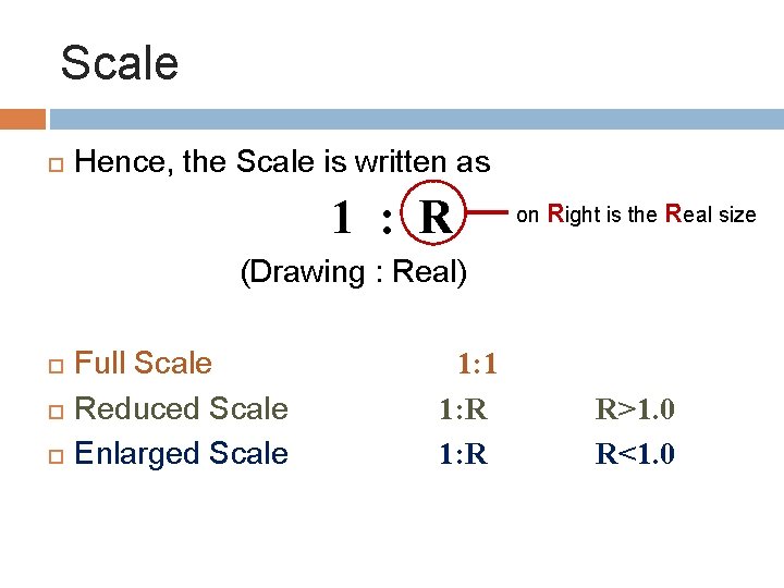 Scale Hence, the Scale is written as 1 : R (Drawing : Real) Full