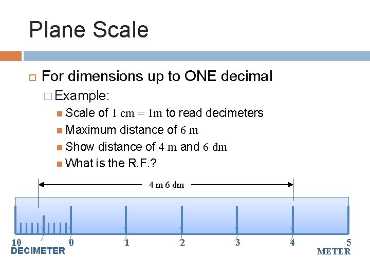 Plane Scale For dimensions up to ONE decimal � Example: Scale of 1 cm