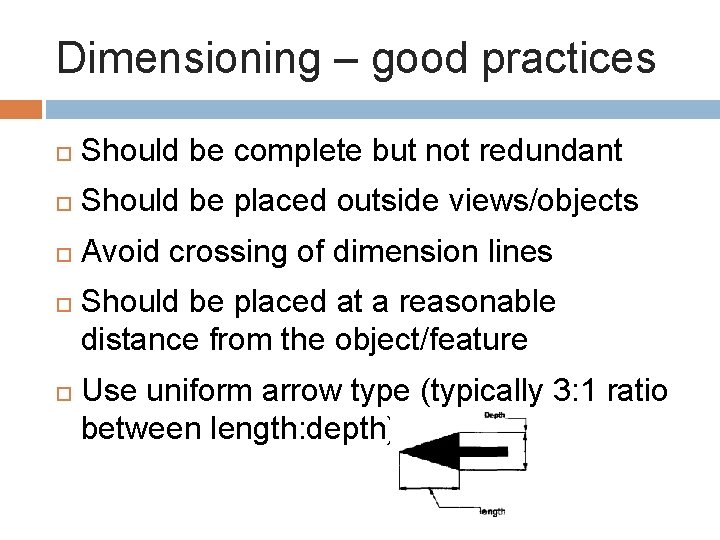 Dimensioning – good practices Should be complete but not redundant Should be placed outside