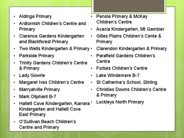  • Aldinga Primary • • Ardtornish Children’s Centre and • Primary • Clarence