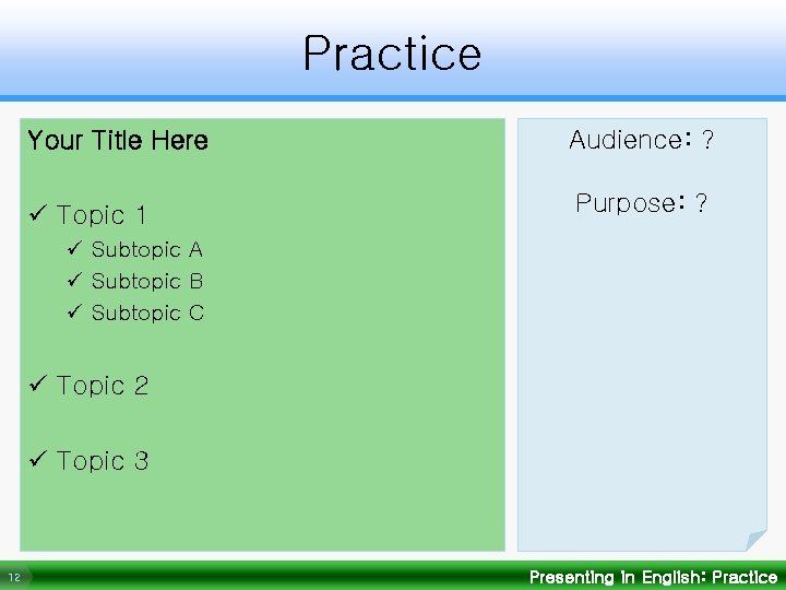 Practice Your Title Here Audience: ? ü Topic 1 Purpose: ? ü Subtopic A