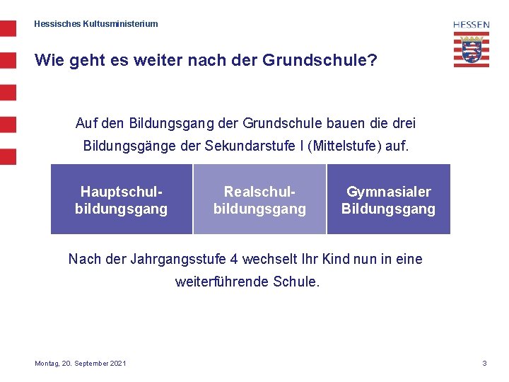 Hessisches Kultusministerium Wie geht es weiter nach der Grundschule? Auf den Bildungsgang der Grundschule