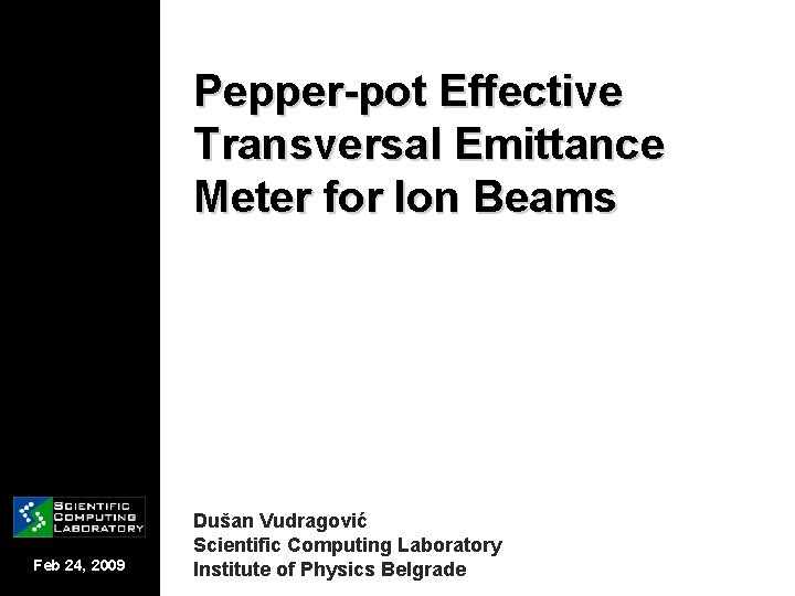 Pepper-pot Effective Transversal Emittance Meter for Ion Beams Feb 24, 2009 Dušan Vudragović Scientific