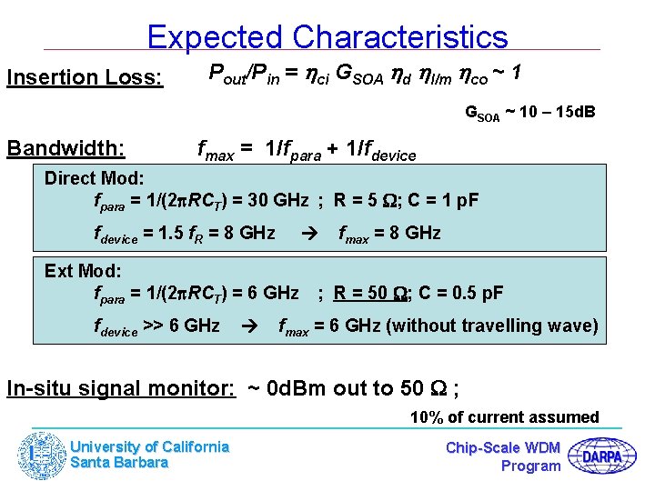 Expected Characteristics Insertion Loss: Pout/Pin = hci GSOA hd hl/m hco ~ 1 GSOA