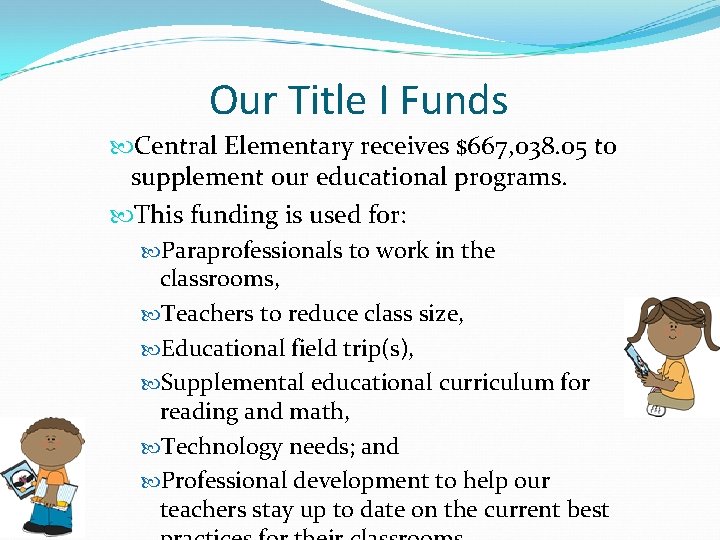 Our Title I Funds Central Elementary receives $667, 038. 05 to supplement our educational