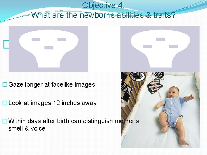 Objective 4: What are the newborns abilities & traits? �Reflexes �responses suited for survival