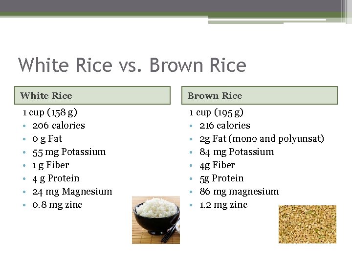 White Rice vs. Brown Rice White Rice Brown Rice 1 cup (158 g) •