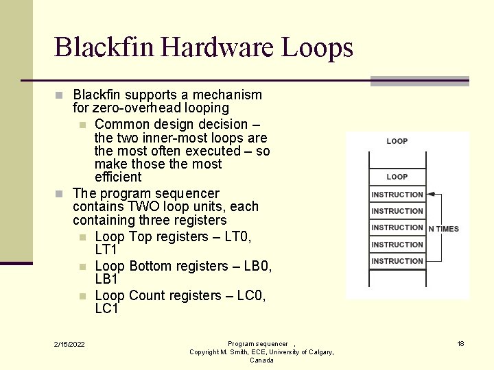 Blackfin Hardware Loops n Blackfin supports a mechanism for zero-overhead looping n Common design Blackfin Hardware Loops n Blackfin supports a mechanism for zero-overhead looping n Common design