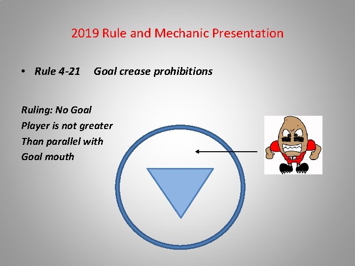 2019 Rule and Mechanic Presentation • Rule 4 -21 Goal crease prohibitions Ruling: No