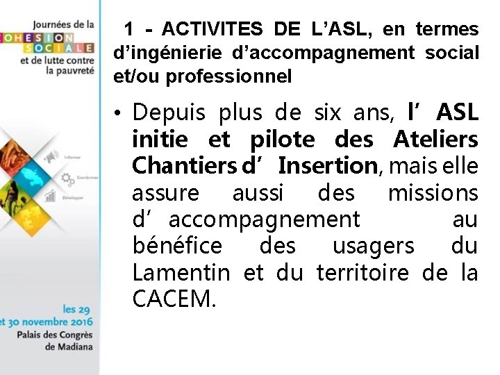 1 - ACTIVITES DE L’ASL, en termes d’ingénierie d’accompagnement social et/ou professionnel • Depuis