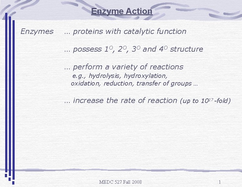 Enzyme Action Enzymes … proteins with catalytic function … possess 1 O, 2 O,