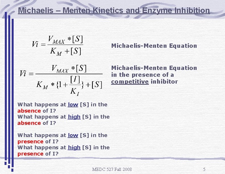 Michaelis – Menten Kinetics and Enzyme Inhibition Michaelis-Menten Equation in the presence of a