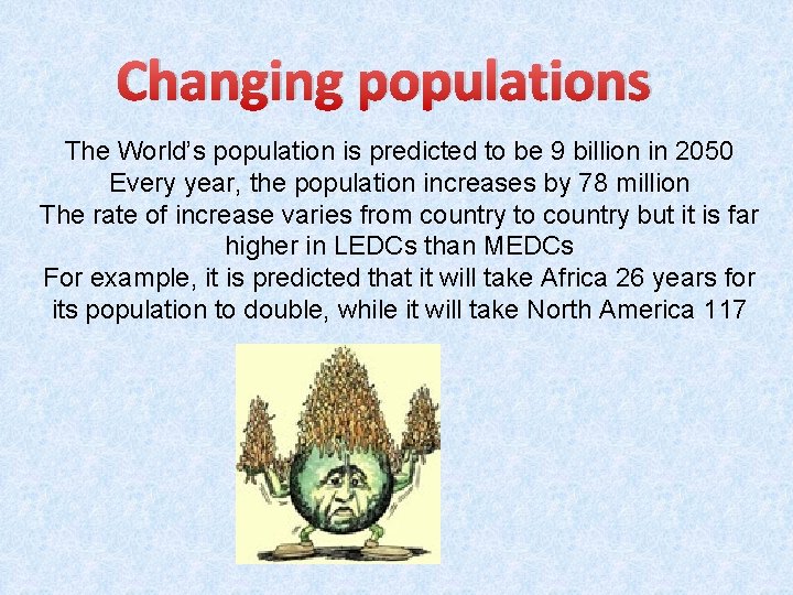Changing populations The World’s population is predicted to be 9 billion in 2050 Every