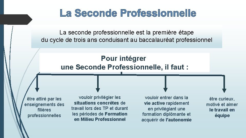 La seconde professionnelle est la première étape du cycle de trois ans conduisant au