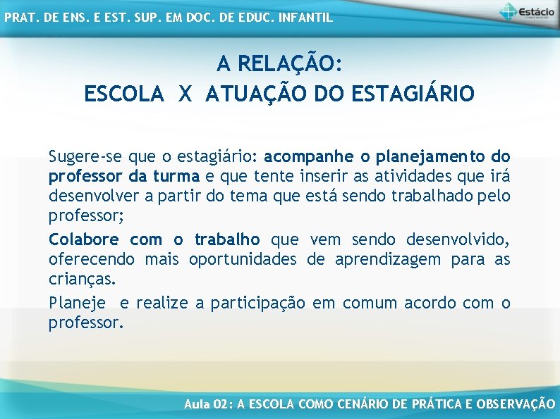 PRAT. DE ENS. E EST. SUP. EM DOC. DE EDUC. INFANTIL A RELAÇÃO: ESCOLA