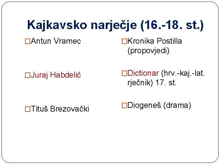 Kajkavsko narječje (16. -18. st. ) �Antun Vramec �Kronika Postilla (propovjedi) �Juraj Habdelić �Tituš