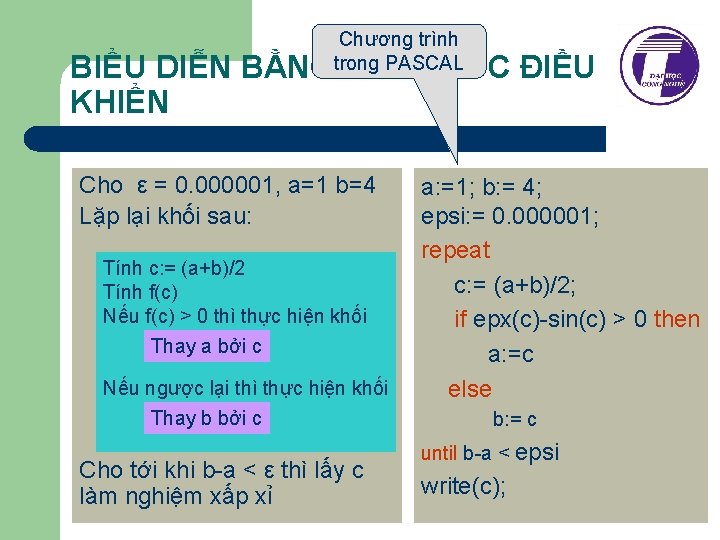 Chương trình trong PASCAL BIỂU DIỄN BẰNG CẤU TRÚC ĐIỀU KHIỂN Cho ε =