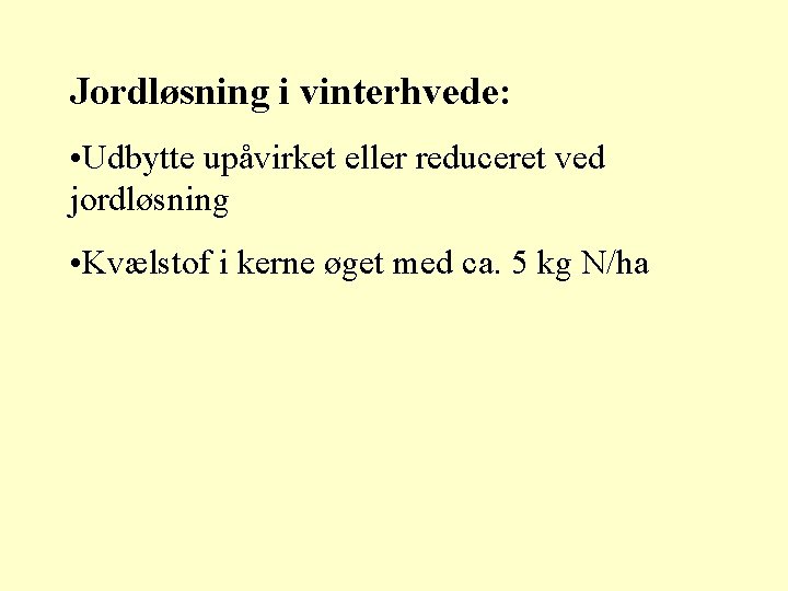 Jordløsning i vinterhvede: • Udbytte upåvirket eller reduceret ved jordløsning • Kvælstof i kerne