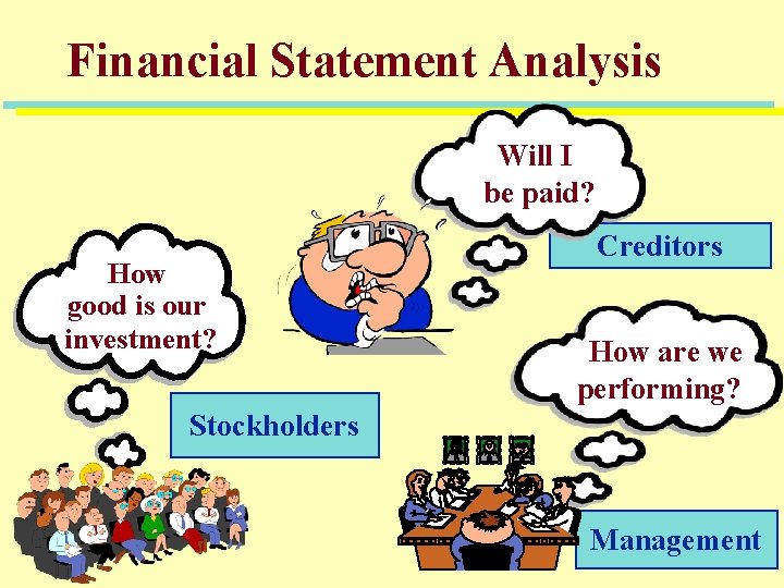 Financial Statement Analysis Will I be paid? How good is our investment? Creditors How