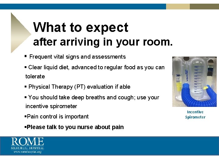 What to expect after arriving in your room. § Frequent vital signs and assessments