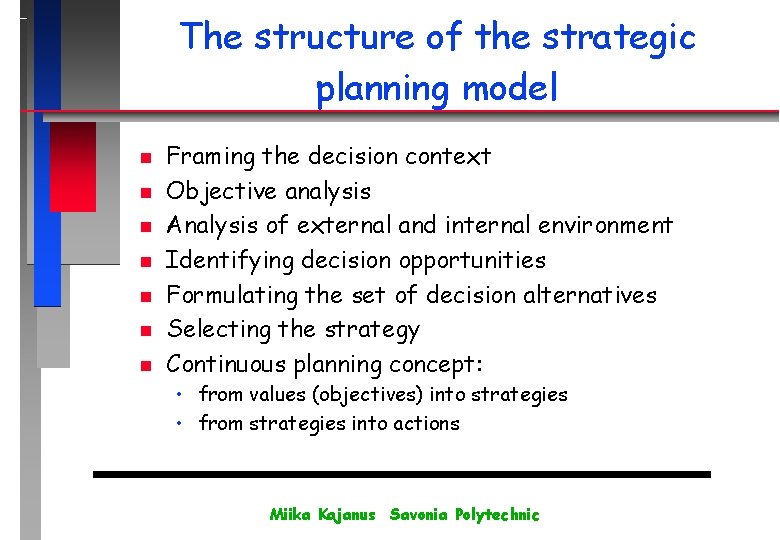 The structure of the strategic planning model n n n n Framing the decision