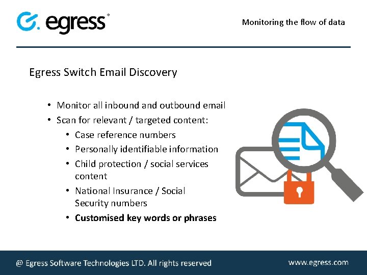 Monitoring the flow of data Egress Switch Email Discovery • Monitor all inbound and