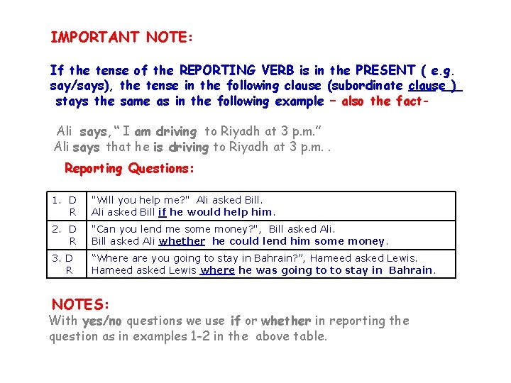IMPORTANT NOTE: If the tense of the REPORTING VERB is in the PRESENT (