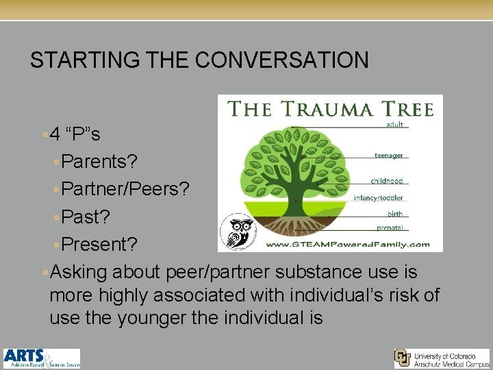 STARTING THE CONVERSATION § 4 “P”s §Parents? §Partner/Peers? §Past? §Present? §Asking about peer/partner substance