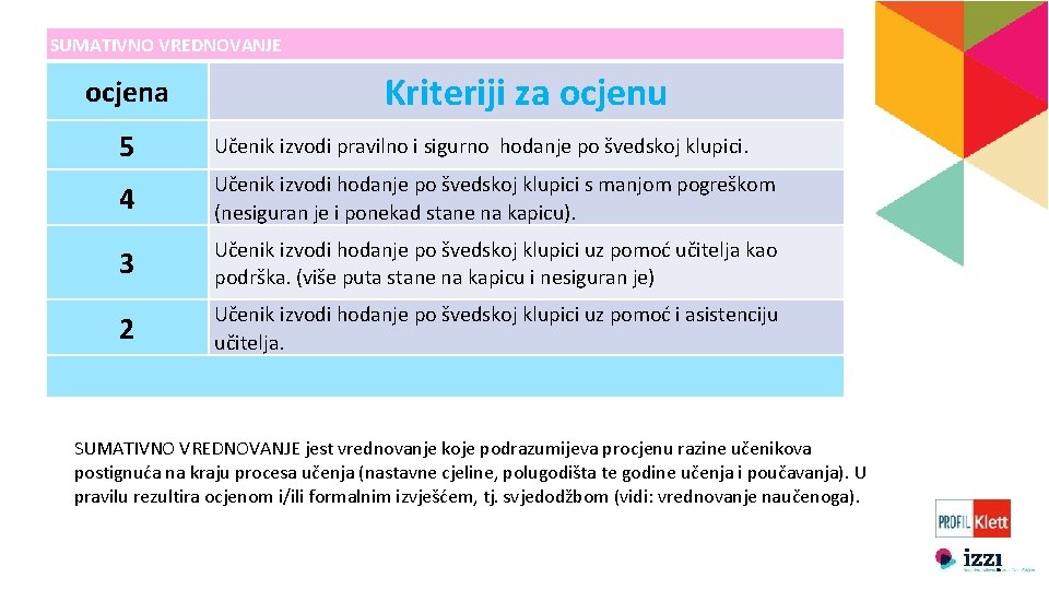 SUMATIVNO VREDNOVANJE ocjena Kriteriji za ocjenu 5 Učenik izvodi pravilno i sigurno hodanje po