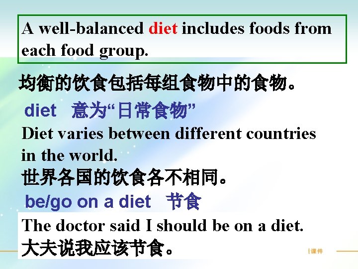 A well-balanced diet includes foods from each food group. 均衡的饮食包括每组食物中的食物。 diet 意为“日常食物” Diet varies