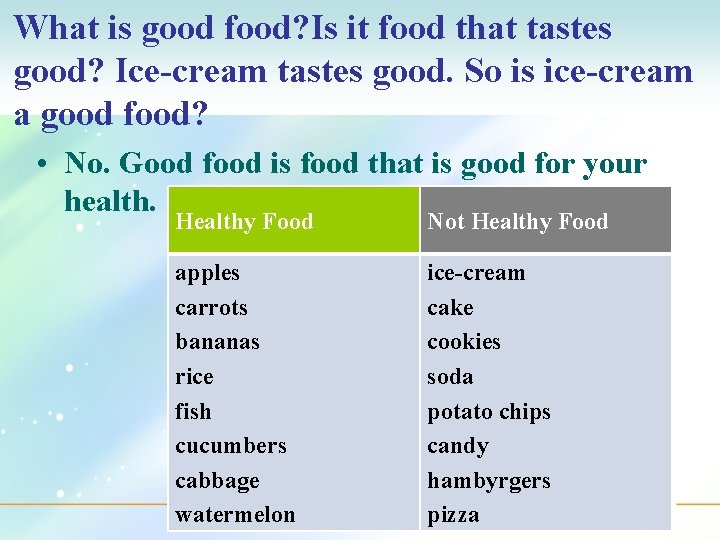 What is good food? Is it food that tastes good? Ice-cream tastes good. So