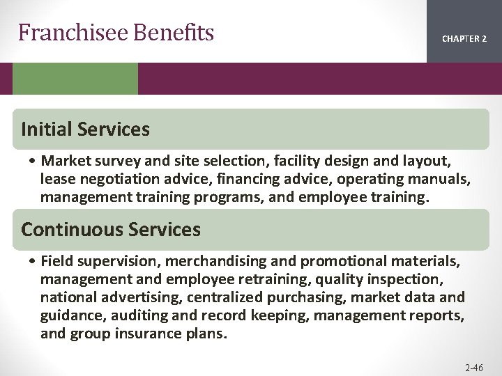 Franchisee Benefits CHAPTER 2 1 Initial Services • Market survey and site selection, facility