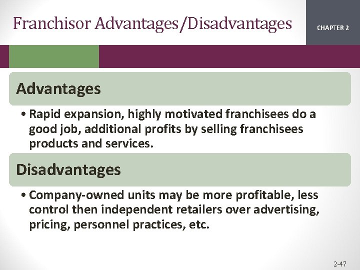 Franchisor Advantages/Disadvantages CHAPTER 2 1 Advantages • Rapid expansion, highly motivated franchisees do a