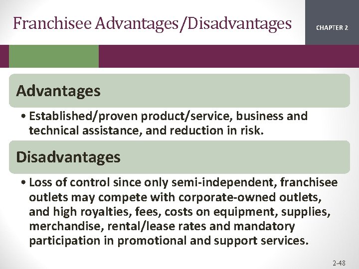 Franchisee Advantages/Disadvantages CHAPTER 2 1 Advantages • Established/proven product/service, business and technical assistance, and