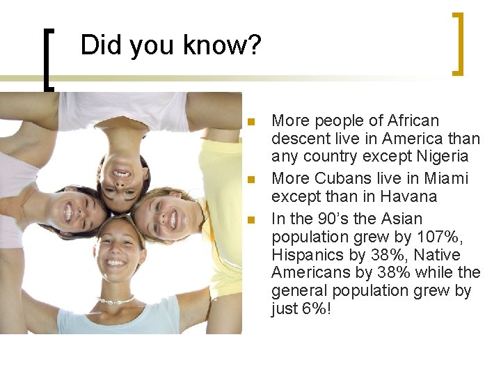 Did you know? n n n More people of African descent live in America