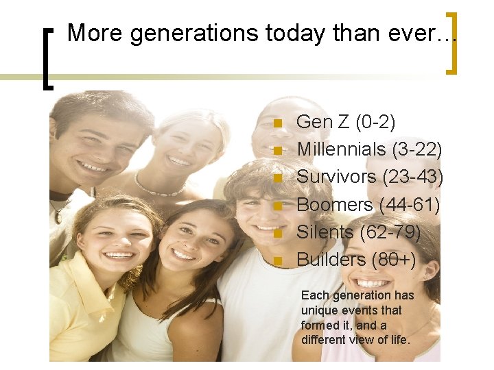 More generations today than ever… n n n Gen Z (0 -2) Millennials (3