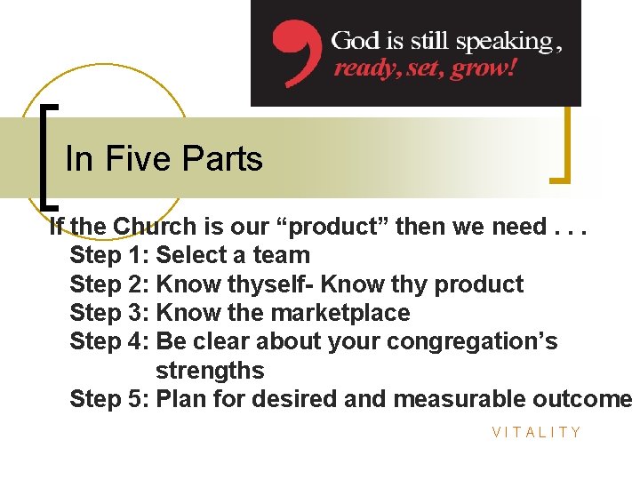 In Five Parts If the Church is our “product” then we need. . .